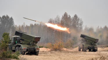 Ukrainian 122 mm MLRS BM-21 Grad fires rocket during a military exercise at a shooting range close to Devichiki in the Kiev region on October 28, 2016. 