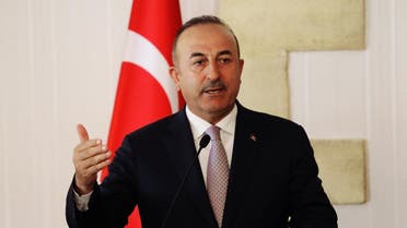 Turkey's Foreign Minister Mevlut Cavusoglu talks at a press conference during a visit in the Turkish Cypriot northern part of the divided city of Nicosia. (Reuters)