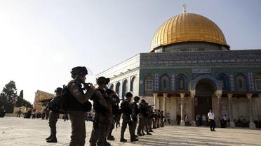 Israeli border police officers stand near the Dome of the Rock Mosque in the Al Aqsa Mosque compound in Jerusalem’s Old City, Thursday, July 27, 2017.(AP)