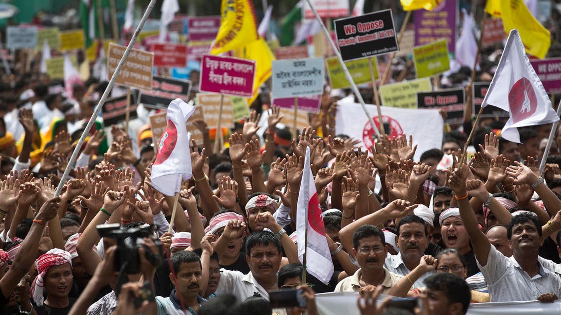 Activists of All Assam Students' Union (AASU), along with 28 other organizations walk during a protest rally against India’s Citizenship Amendment Bill 2016 in Gauhati, northeastern Assam state, India, Friday, June 29, 2018. (AP)