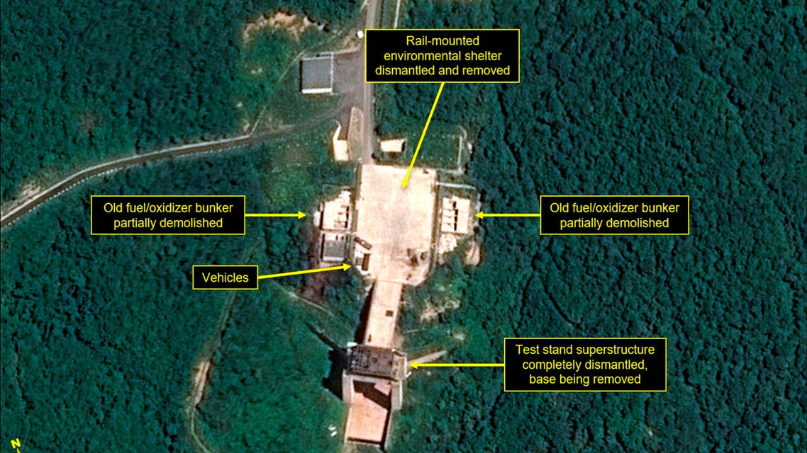 This July 22, 2018, satellite image released and annotated by 38 North on Monday, July 23, 2018, shows what the U.S. research group says is the dismantled engine test stand at the Sohae launch site in North Korea. (AP)