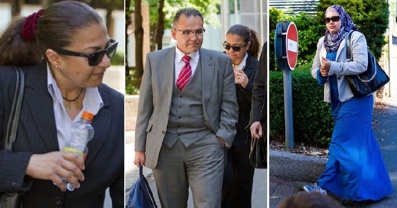 المربية السابقة أسماء، خارجة من المحكمة أمس، وصورتان للطبيبين الزوجين وهما خارجها أيضا