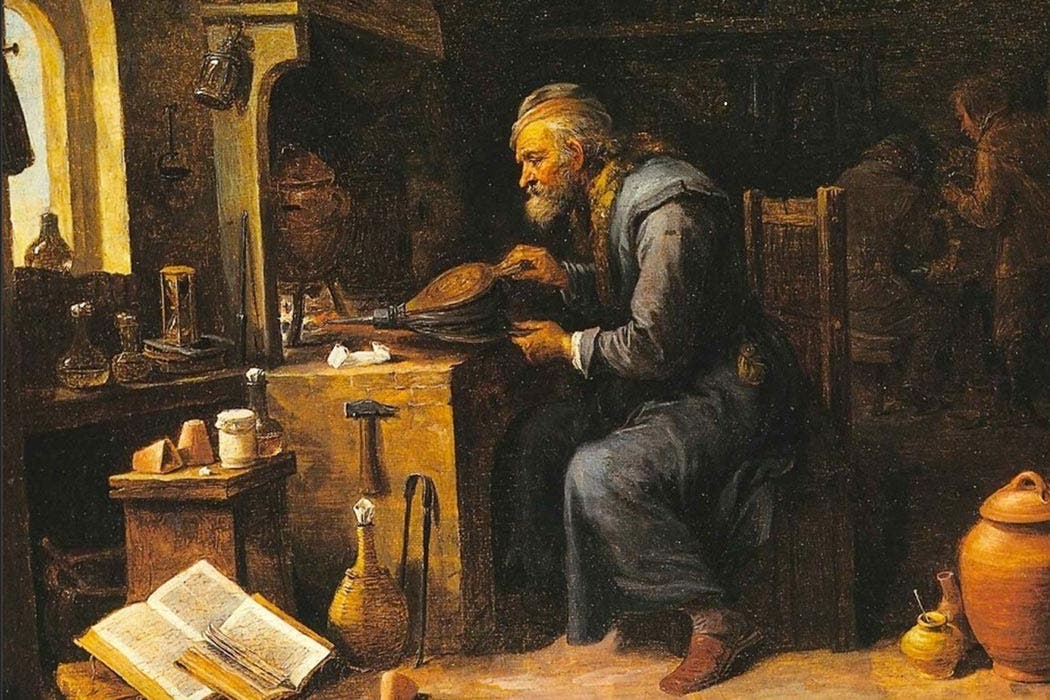 صورة لمخبر أحد علماء الخيمياء خلال العصور الوسطى