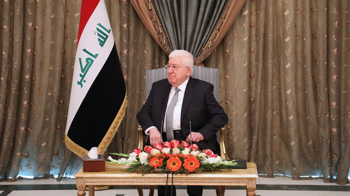 Iraqi President Fuad Masum is seen during a meeting with France's Foreign Minister in the capital Baghdad on February 12, 2018. Le Drian urged Iraq to push for national reconciliation with its minority Sunni and Kurd communities ahead of "inclusive" elections.
