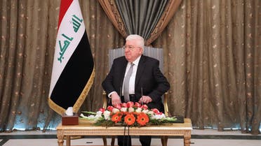 Iraqi President Fuad Masum is seen during a meeting with France's Foreign Minister in the capital Baghdad on February 12, 2018. Le Drian urged Iraq to push for national reconciliation with its minority Sunni and Kurd communities ahead of "inclusive" elections.