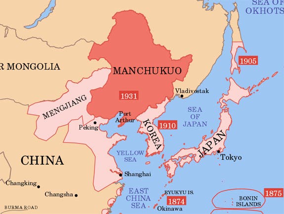 خريطة توضيحية لموقع دولة مانشوكو والتي حكمها بوئي بشكل صوري منذ عام 1934