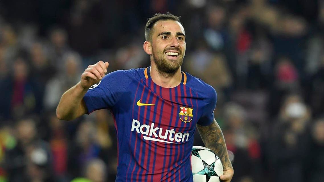 Barcelona's Spanish forward Paco Alcacer celebrates after scoring a second goal during the UEFA Champions League football match. (Reuters)