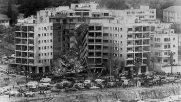 Aerial view of the US embassy in Beirut, 18 April 1983, after a bomb destroyed part of the building. (AFP)