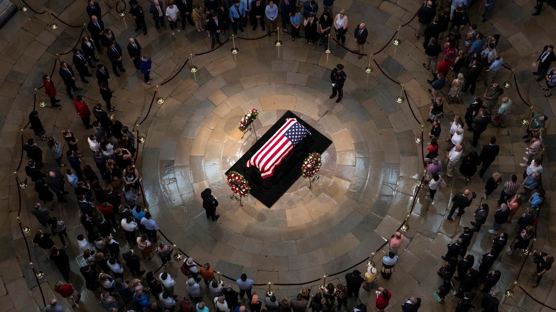 The late U.S. Sen. John McCain, R-Ariz., lies in state in the U.S. Capitol Rotunda Friday, Aug. 31, 2018, in Washington. (AP)