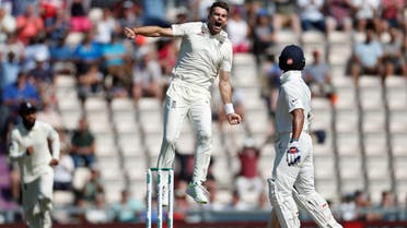 England’s James Anderson celebrate the wicket of India’s Shikhar Dhawan in the fourth Test at Ageas Bowl, West End, Britain, on September 2, 2018.  (Reuters)