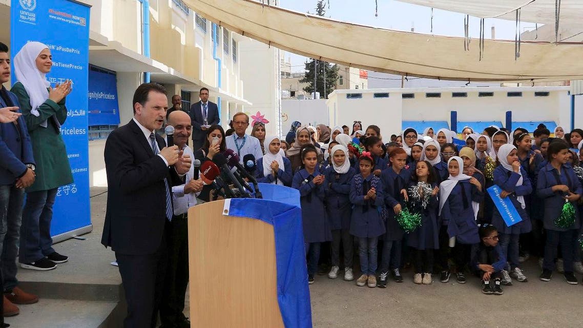 Pierre Krahenbuhl, Commissioner-General of the United Nations Relief and Works Agency for Palestine Refugees (UNRWA), speaks during a ceremony to mark the return to school at one of the UNRWA schools at a Palestinian refugee camp Al-Wehdat, in Amman, Jordan, Sunday, Sept. 2, 2018. (AP)