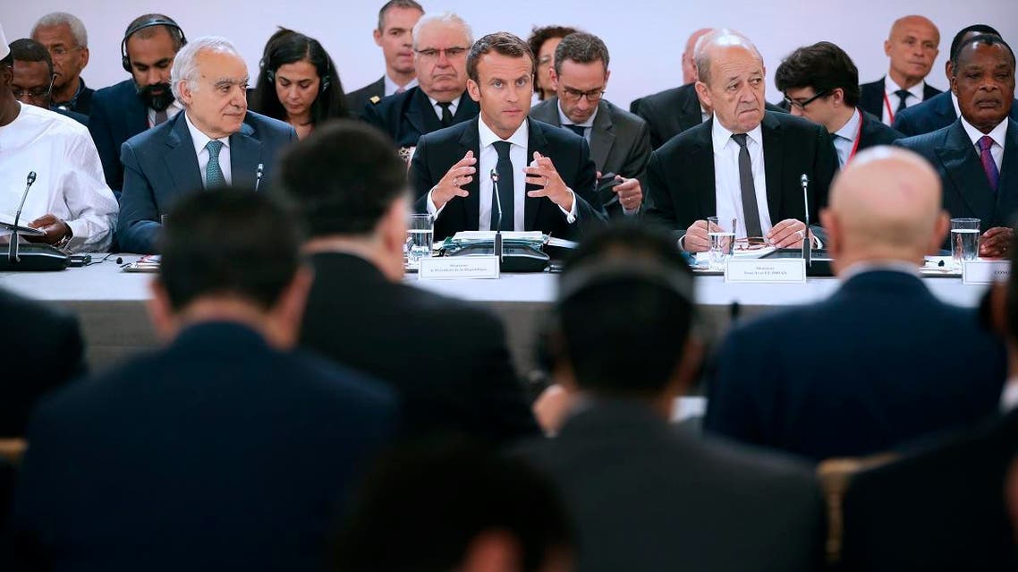 French President Emmanuel Macron, and UN Special Envoy for Libya, Lebanese Ghassan Salame (L) during an International conference on Libya at the Elysee Palace in Paris, on May 29, 2018. (AFP)