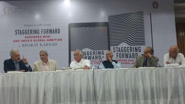 Bharat Karnad (extreme left) at the book launch with columnist Ajay Shukla, Congress Party leader Jairam Ramesh, BJP’s Yashwant Sinha, ex-Admiral Arun Prakash and ex-Foreign Secretary Shiv Shankar Menon. (Supplied)