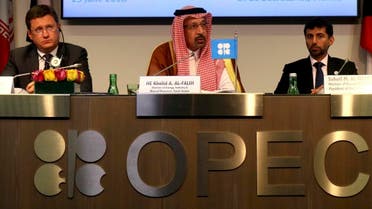 Russian Minister of Energy Alexander Novak, Khalid al-Falih Minister of Energy, Industry and Mineral Resources of Saudi Arabia and Minister of Energy of  UAE, Suhail Mohamed Al Mazrouei, (from left), at a news conference. (AP) 