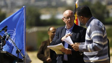 Jamie Mcgoldrick (C), UN’s humanitarian coordinator for the Palestine, arrives for a press confrence in Beit Lahia in the northern Gaza Strip. (File photo: AFP)