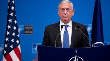 US Secretary for Defence Jim Mattis talks to journalists during a news conference at the end of the second day of a meeting of the North Atlantic Council at a gathering of NATO defense ministers at NATO headquarters in Brussels, Thursday, Oct. 4, 2018. (AP)