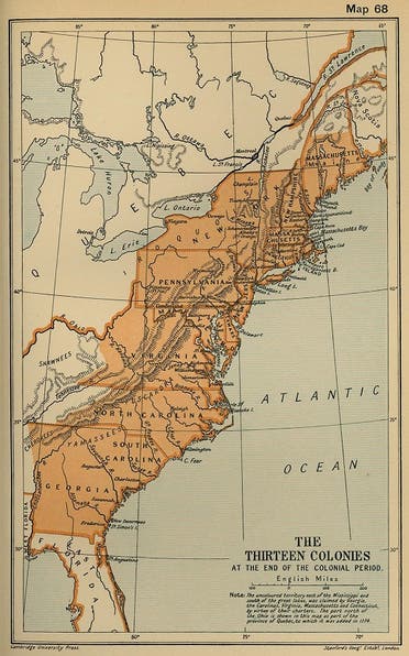 خريطة تجسد المستعمرات الثلاثة عشر