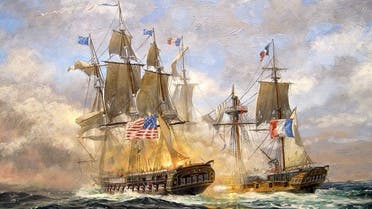 لوحة زيتية تجسد مواجهة بحرية بين سفينة فرنسية وأخرى أميركية
