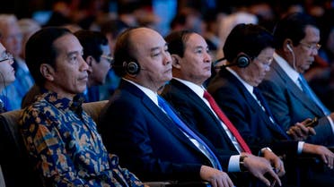From left to right, Indonesia’s President Joko Widod, Vietnam’s Prime Minister Nguyen Xuan Phuc, Myanmar President Win Myint, Laos Prime Minister Thongloun Sisoulith and Cambodia’s Prime Minister Hun Sen attend the opening of IMF-World Bank annual meetings in Bali, Indonesia, on Friday, Oct. 12, 2018. (AP)
