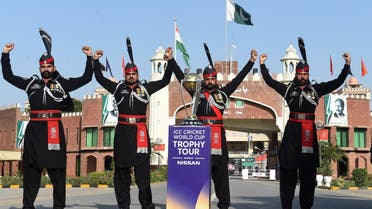Pakistani Rangers pose for photographs with the 2019 ICC Cricket World Cup trophy during an event at the Pakistan-India Wagah Border Post on October 4, 2018. (AFP)