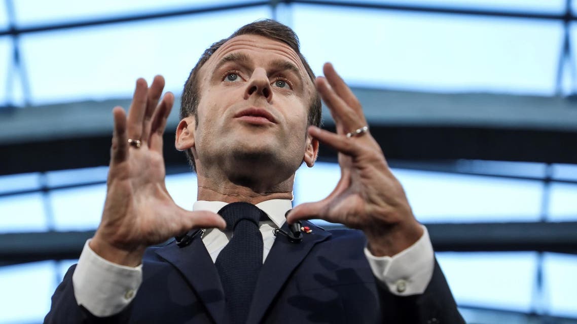 French President Emmanuel Macron delivers a speech as he visits Station F startup campus in Paris, on October 9, 2018. (AFP)