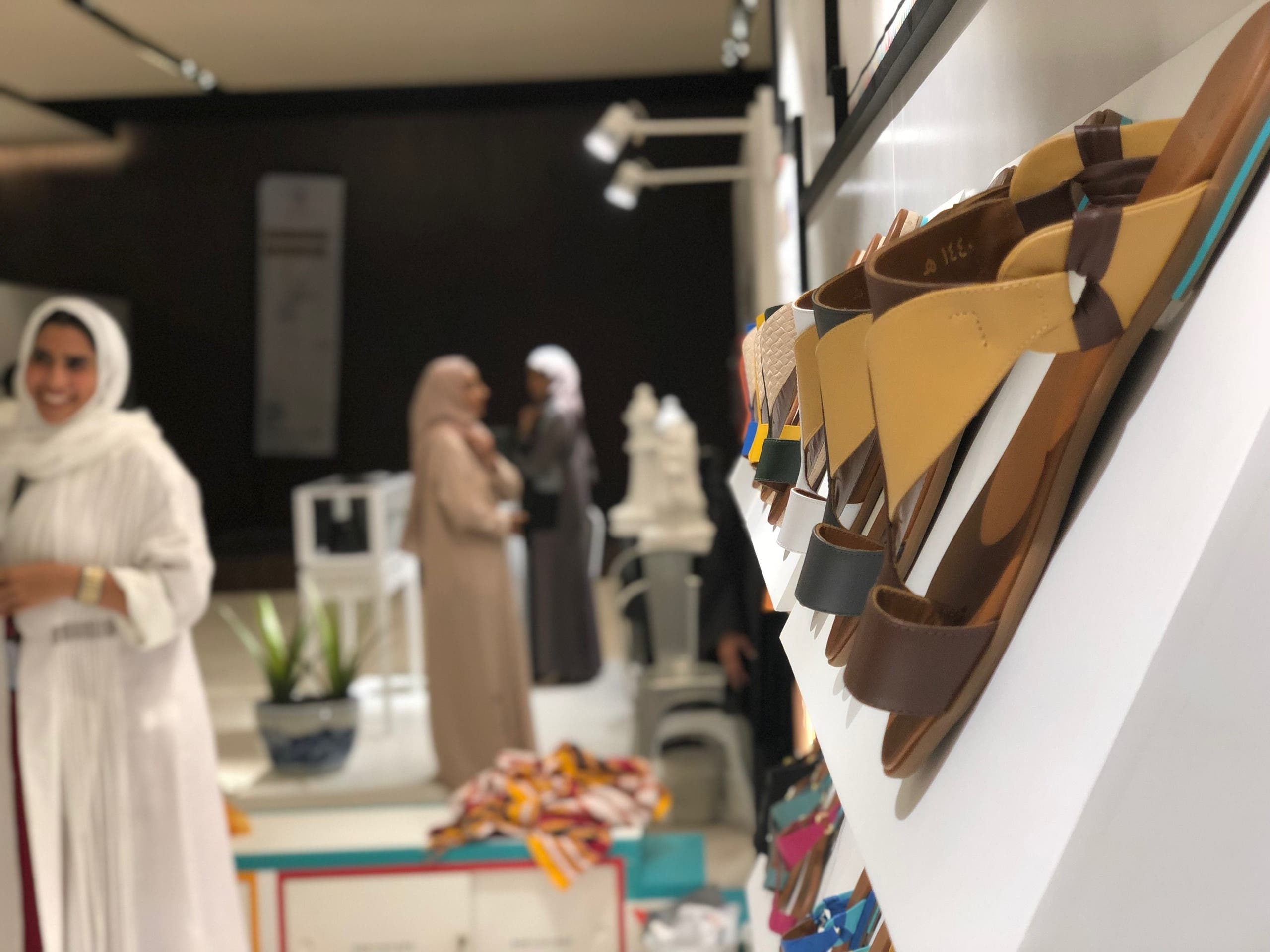 High-end footwear on display at Tamashee’s booth, with al-Qatt al-Assiri being their seasonal highlight (Photo: Ali Alshabnan)
