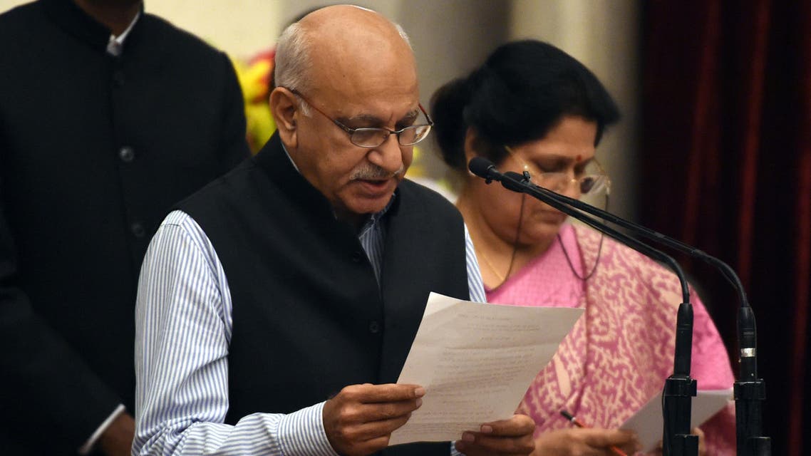 Bharatiya Janata Party politician, M. J. Akbar takes the oath during the swearing-in ceremony of new ministers following Prime Minister Narendra Modi’s cabinet re-shuffle, at the Presidential Palace in New Delhi on July 5, 2016. (AFP)
