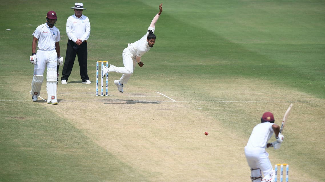 West Indies cricketer Shai Hope looks on as Indian Bowler Umesh Yadav bowls during the third day’s play of the second Test cricket match between India and West Indies at the Rajiv Gandhi International Cricket Stadium in Hyderabad on October 14, 2018. (AFP)