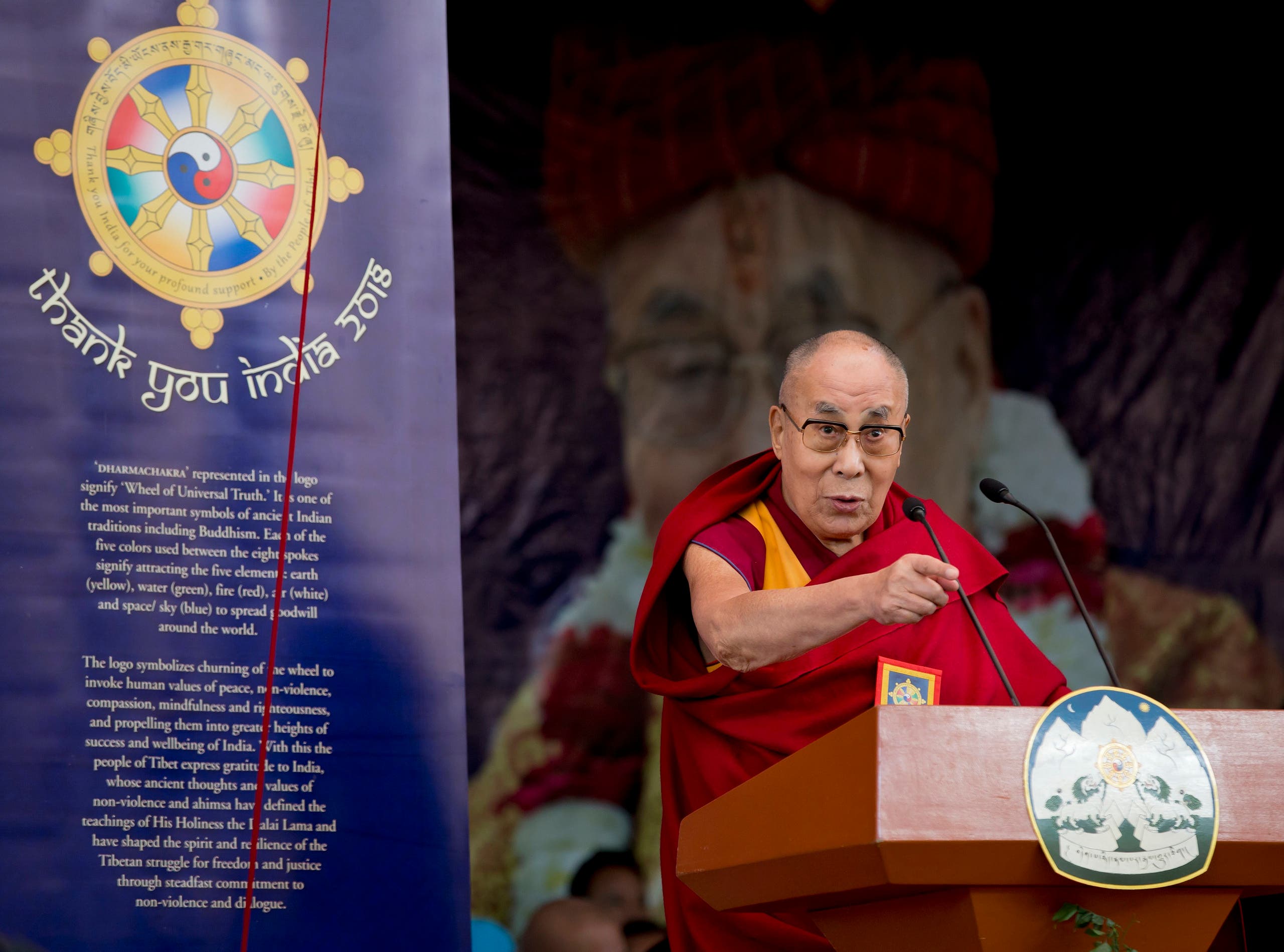 Tibetan spiritual leader the Dalai Lama speaks at an event marking the beginning of the 60th year of the spiritual leader’s exile in India, in Dharmsala, on March 31, 2018. (AP)