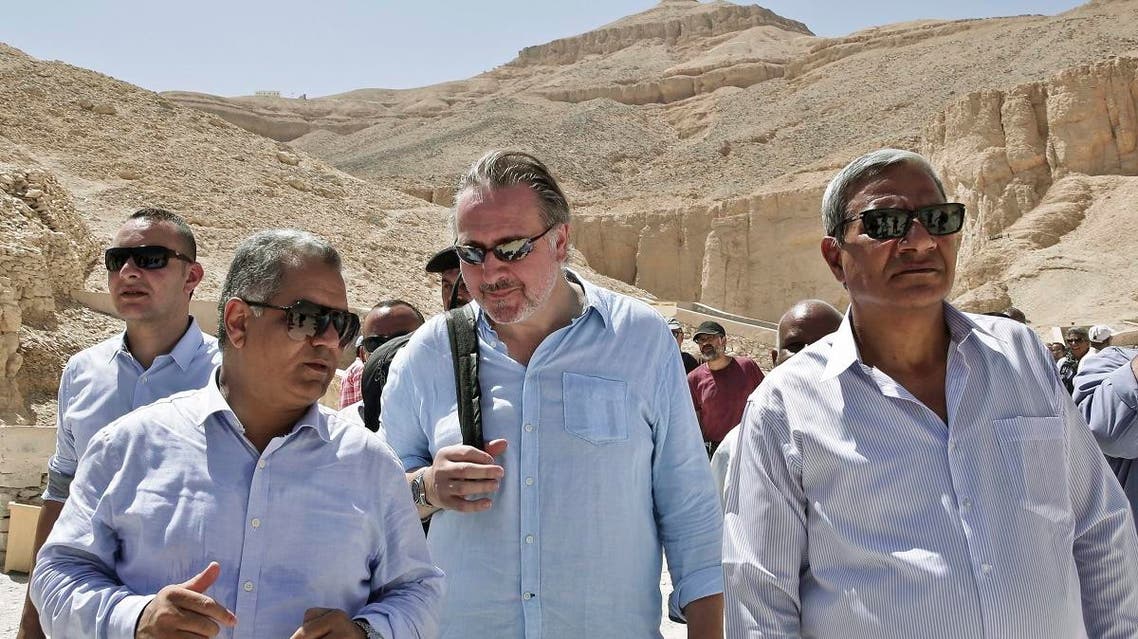 File photo of Egypt’s Antiquities Minister Mamdouh el-Damaty, (left) visit the Valley of the Kings in Luxor, Egypt. (AP)