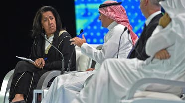 Lubna Olayan, CEO of Olayan Financing, listening to Yasir al-Rumayyan, Managing Director of Public Investment Fund, during the Future Investment Initiative in Riyadh on October 23, 2018. (AFP)
