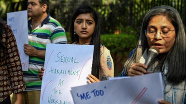 Indian journalists hold placards at a protest against sexual harassment in the media industry in New Delhi on October 13, 2018. (AFP)