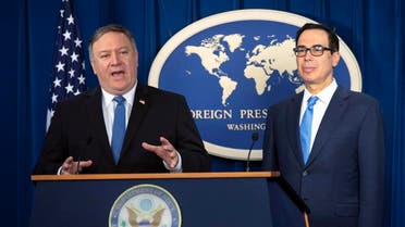 Secretary of State Mike Pompeo, left, and Treasury Secretary Steven Mnuchin, present details of the new sanctions on Iran. (AP)