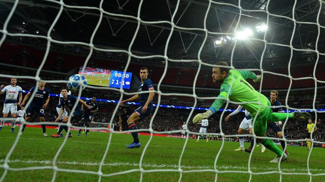 Tottenham Hotspur’s Harry Kane scores a second goal during the UEFA Champions League match between Tottenham Hotspur and PSV Eindhoven at Wembley. (AFP)