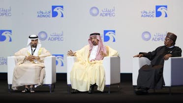 UAE’s Energy Minister Suhail Mohammed Faraj al-Mazroui (L), Saudi Energy Minister Khalid al-Falih (C) and OPEC Secretary General Mohammed Barkindo attend the Abu Dhabi International Petroleum Exhibition and Conference (ADIPEC). (AFP) 