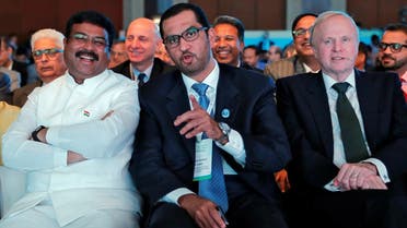 (L-R) India’s Oil Minister Dharmendra Pradhan, Sultan Ahmed Al Jaber, UAE Minister of State and the ADNOCGroup CEO, and BP Chief Executive Robert Dudley at the India Energy Forum in New Delhi, on October 15, 2018. (Reuters)