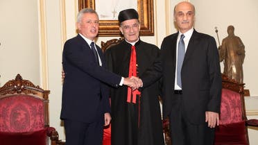 Samir Geagea and Suleiman Frangieh with Patriarch Bechara al-Rai in Bkerki, north of Beirut (Reuters)