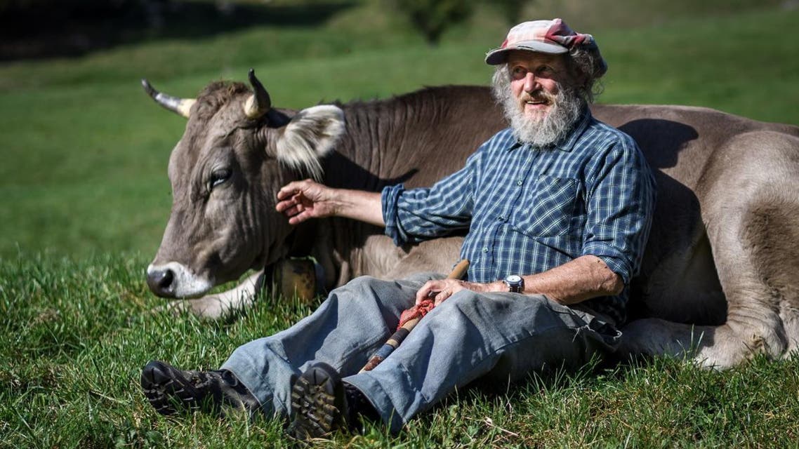 Swiss farmer Armin Capaul poses with one of his cows ahead of the nationwide vote on his initiative on cow horns, on October 16, 2018 near Perrefitte, northern Switzerland. (AFP)