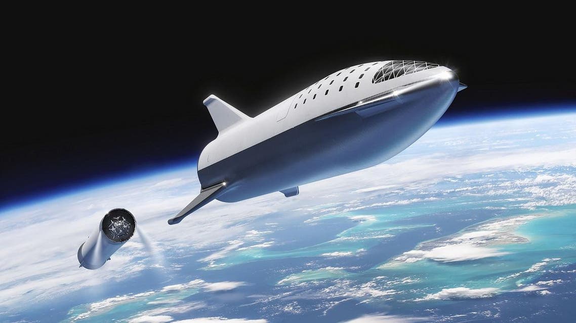 This artist's illustration courtesy of SpaceX obtained November 20, 2018, shows the SpaceX BFR(Big Falcon Rocket)rocket passenger spacecraft at stage seperation. (AFP)