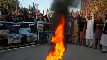 Pakistani students protest to condemn a bombing in Orakzai, in Peshawar, Pakistan. (AP)
