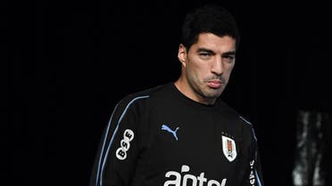 Uruguay's forward Luis Suarez arrives for a press conference at the Stade de France stadium in Saint-Denis, north of Paris, on November 19, 2018 on the eve of the friendly football match against France.  FRANCK FIFE / AFP