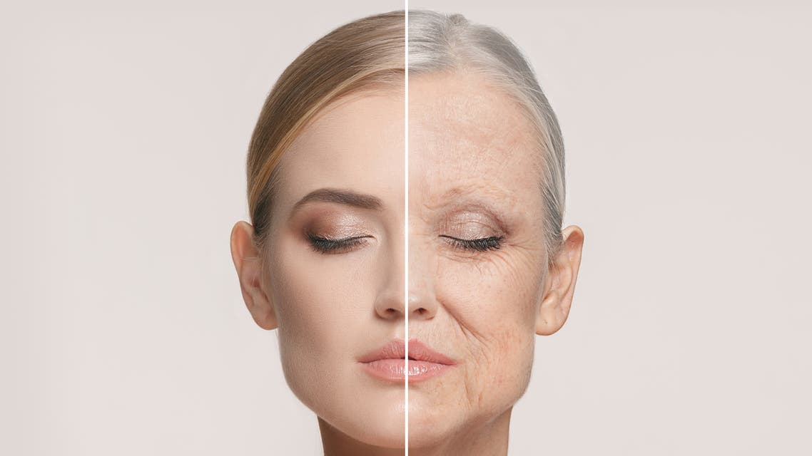 Comparison. Portrait of beautiful woman with problem and clean skin, aging and youth concept, beauty treatment - Stock image