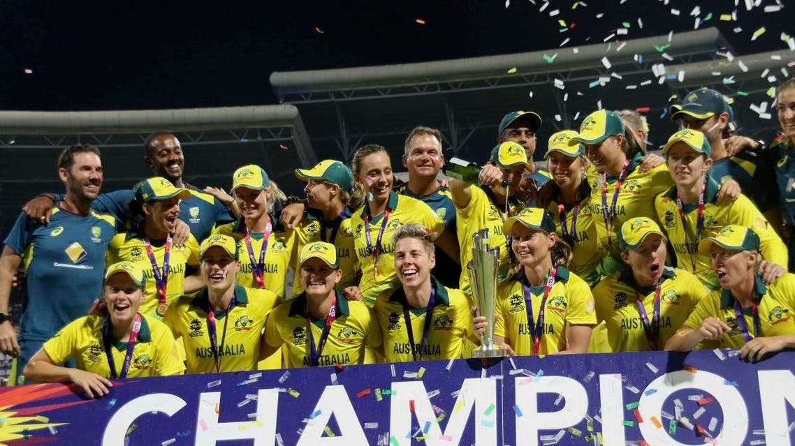 The Australian women’s cricket team poses for a photo after winning the final of the Women’s World Twenty20 against England in North Sound, Antigua, Saturday, Nov. 24, 2018. (AP)
