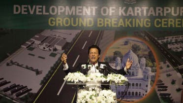 Pakistani Prime Minister Imran Khan addresses during a ceremony in Kartarpur, Pakistan, on November 28, 2018. (AP)