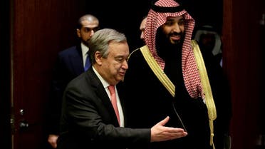 Saudi Arabia's Crown Prince Mohammed bin Salman Al Saud walks into a room with U.N Secretary- General Antonio Guterres before a photo opportunity at the United Nations headquarters in the Manhattan borough of New York City, New York, U.S. March 27, 2018. REUTERS/Amir Levy