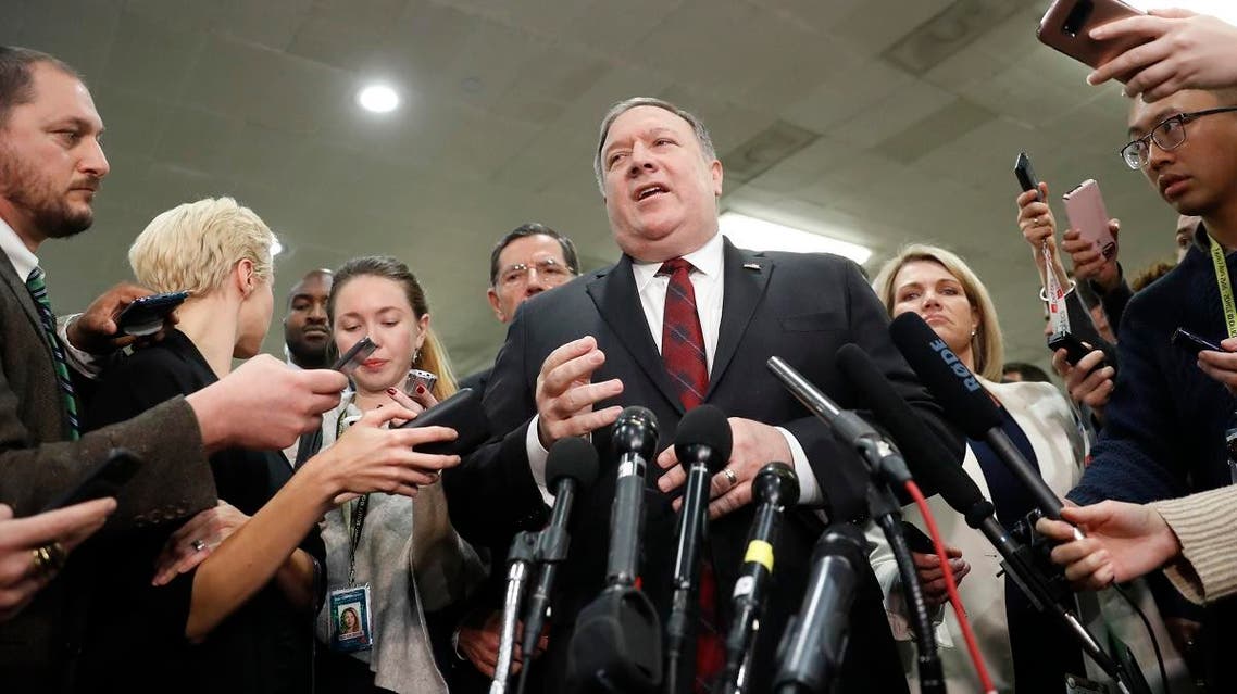 Secretary of State Mike Pompeo speaks to members of the media after a closed door meeting with Senators about Saudi Arabia at the Capitol. (AP)