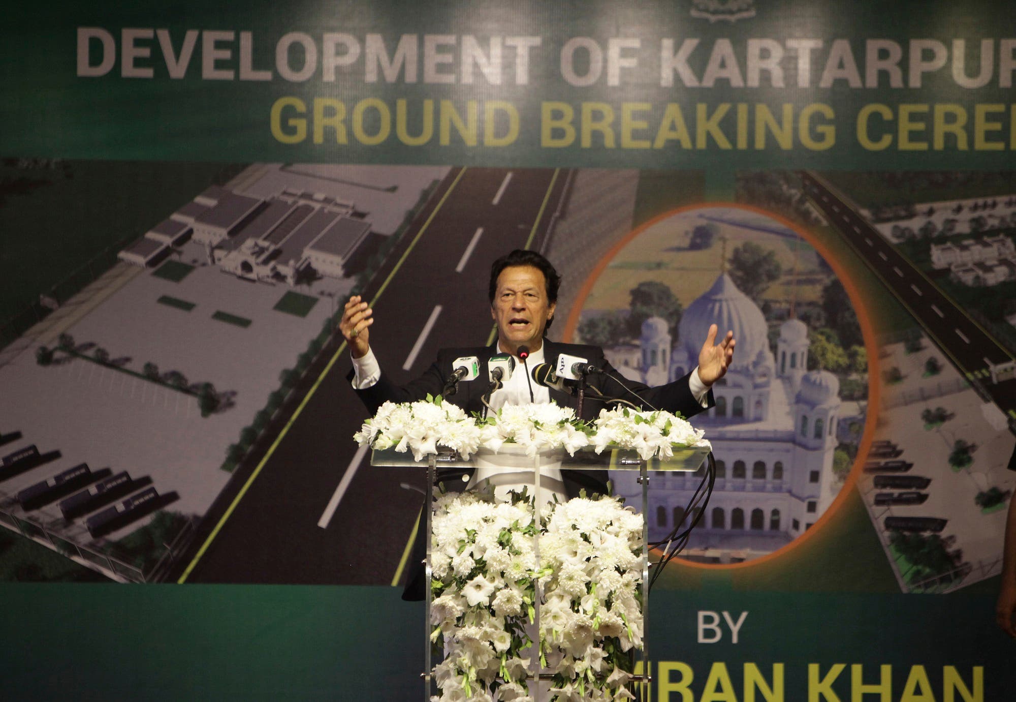 Pakistani Prime Minister Imran Khan addresses during a ceremony in Kartarpur on Nov. 28, 2018. (AP)