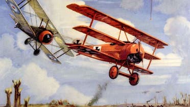 لوحة زيتية تجسد احدى المطاردات الجوية خلال الحرب العالمية الأولى