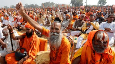 Hindu holymen shout slogans during “Dharma Sabha” organized by the Vishva Hindu Parishad (VHP) in Ayodhya on November 25, 2018. (Reuters)