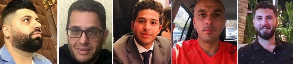 من اليمين، القتيل بأنغولا محمد خشن، والقتيلان توفيق عيدي وابنه راجح في جنوب أفريقيا، ثم القتيلان في سان باولو، ابراهيم حاراتي ونعمان الترك